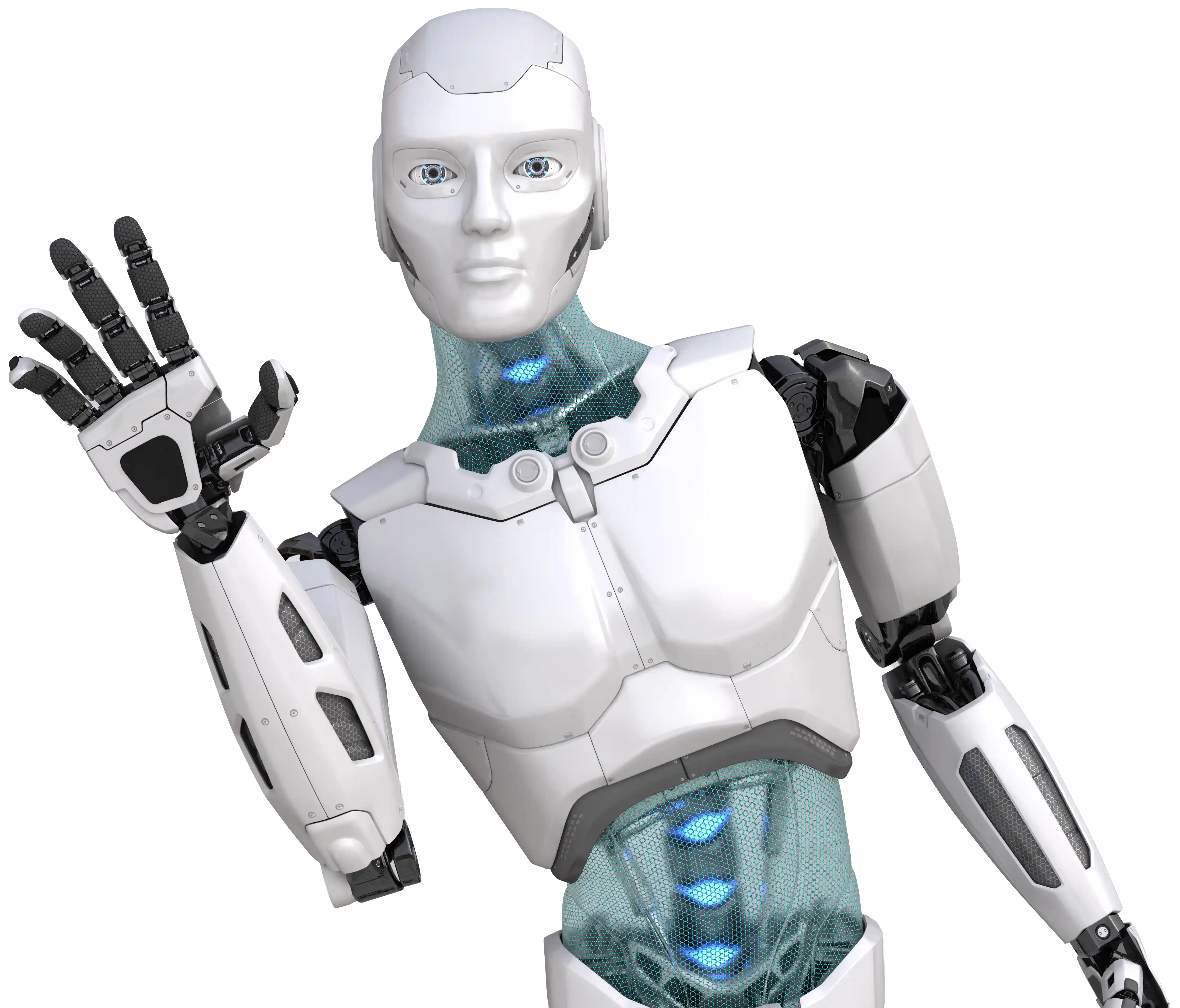 Weiß-blauer humanoider Roboter mit menschlichem Gesicht, der grüßend die Hand hebt