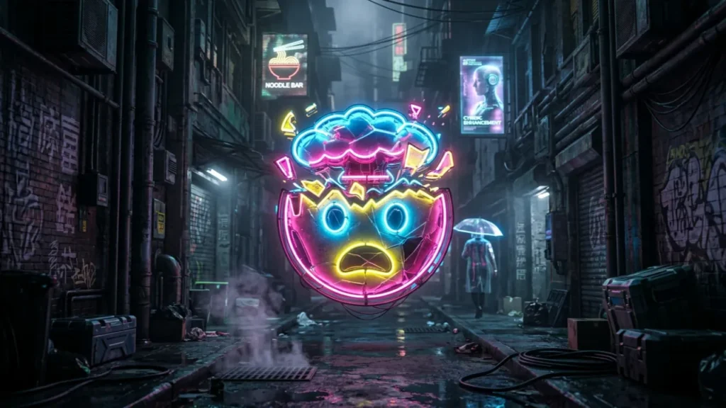 Neon-Gesicht mit explodierendem Kopf in einer Cyberpunk-Gasse als Sinnbild für Überforderung angesichts der KI-Entwicklung