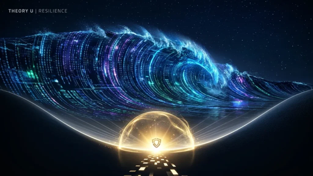 Digitale Datenwelle über einem geschützten Lichtdom als Sinnbild für Resilienz in der KI-Transformation.