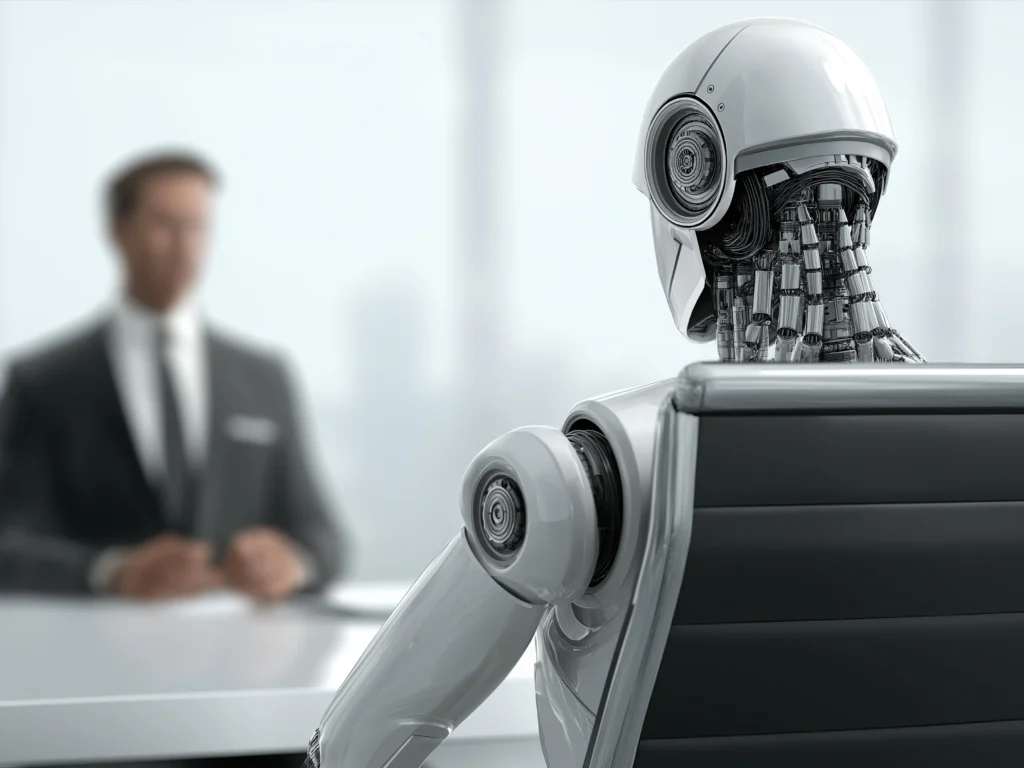 Humanoider KI-Roboter gegenüber einem Menschen im Büro als Sinnbild für die Zusammenarbeit von Mensch und künstlicher Intelligenz