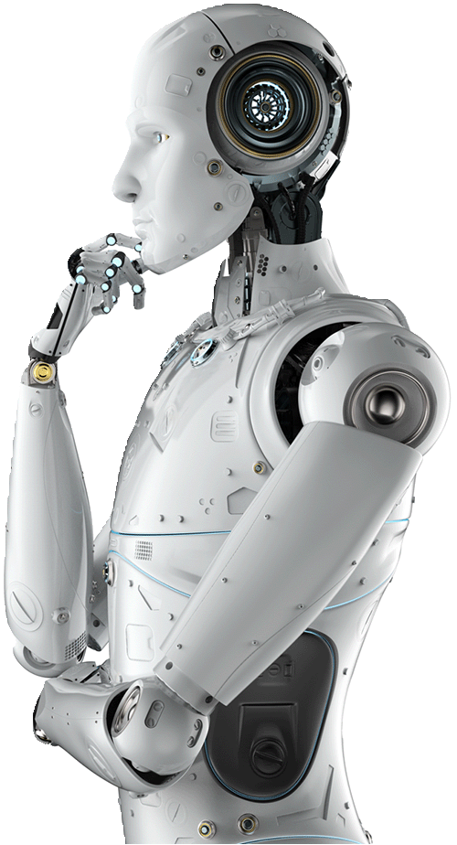 Humanoider Roboter in nachdenklicher Pose, Hand am Kinn, als Symbol für strategisches Denken mit KI