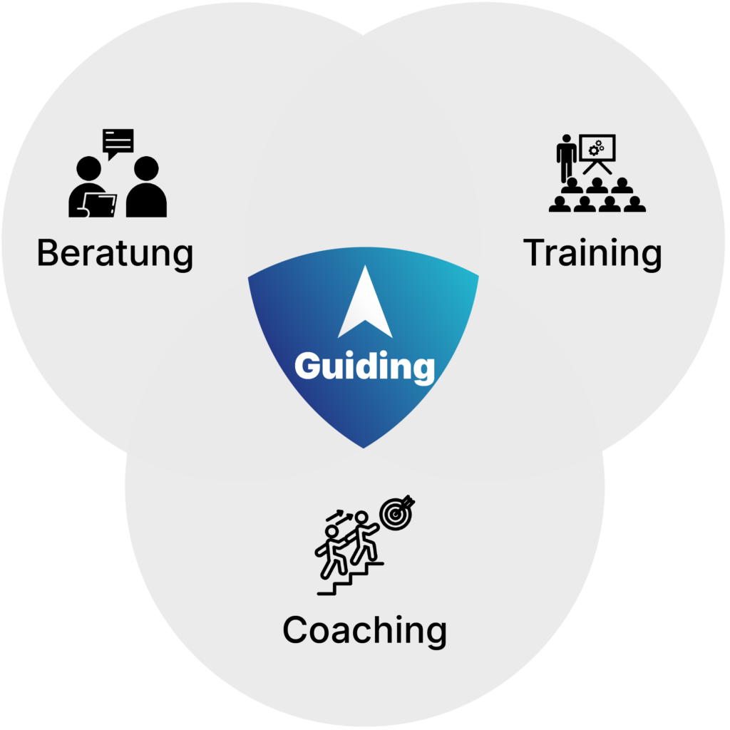 Venn-Diagramm mit den Polarstern-Leistungen Beratung, Training und Coaching, im Zentrum das Guiding-Logo