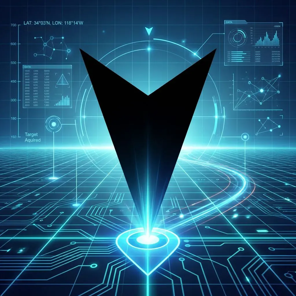 Digitaler Navigationspfeil über einem Datenraster als Sinnbild für die KI-Standortbestimmung