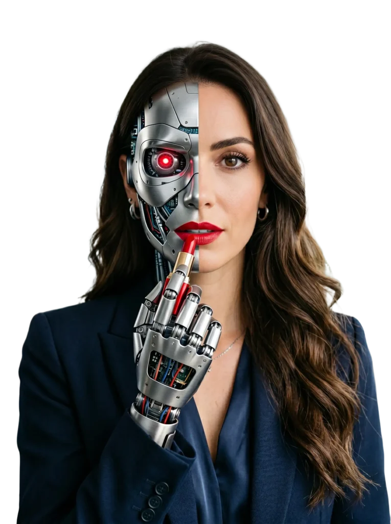 Porträt halb Mensch, halb Roboter als Sinnbild für das Spannungsfeld zwischen Mensch und künstlicher Intelligenz
