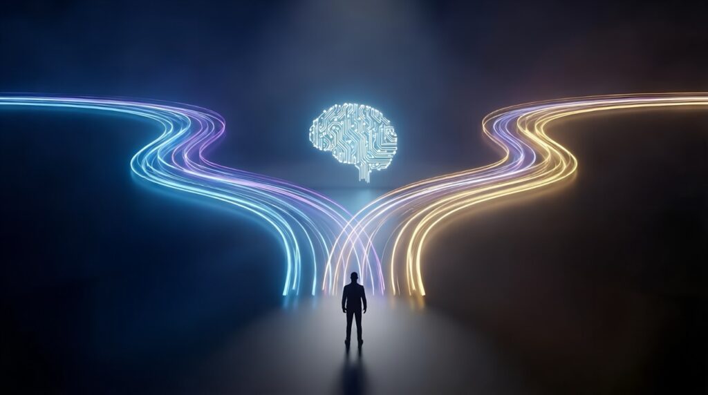Person vor zwei leuchtenden Wegen unter einem digitalen Gehirn als Sinnbild für die bewusste Entscheidung in der KI-Transformation